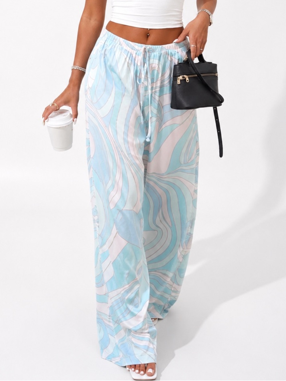 Oasis Silky Wide-Leg Printed Lounge Pants - Pastel Mint & Pink Medium and Large